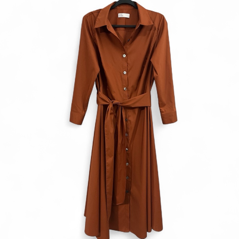 PARI PASSU Poplin Flared Shirt Dress | Terracotta Brown | NWOT - Size D2 / 14